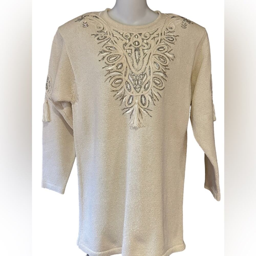 Vintage IB Diffusion Womens Medium Ivory Silk Sweater with Silver Beaded Front